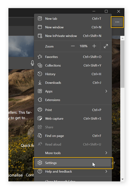 Ao passar o cursor do mouse sobre a opção âConfiguraçõesâ, uma visualização do Microsoft Edge com o menu hambúrguer é aberta .