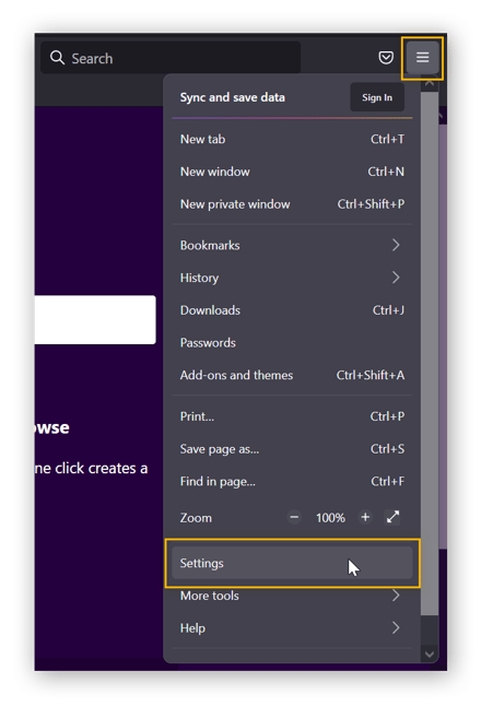 Ao passar o cursor do mouse na opção âConfiguraçõesâ, uma visualização do menu hambúrguer do Firefox é exibida.